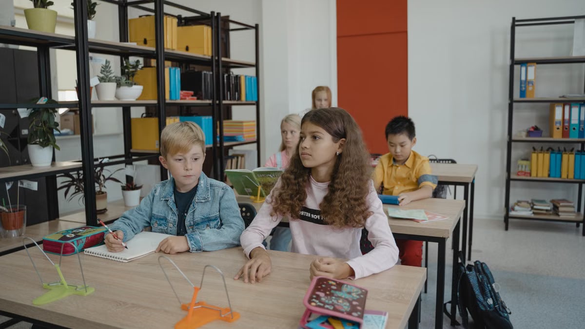 Students engaging in classroom learning at desks with books and notebooks.